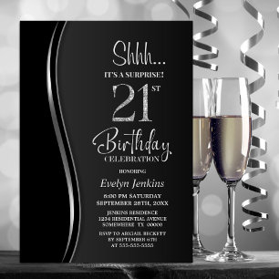 Invitación Black Silver Surprise 21st Birthday
