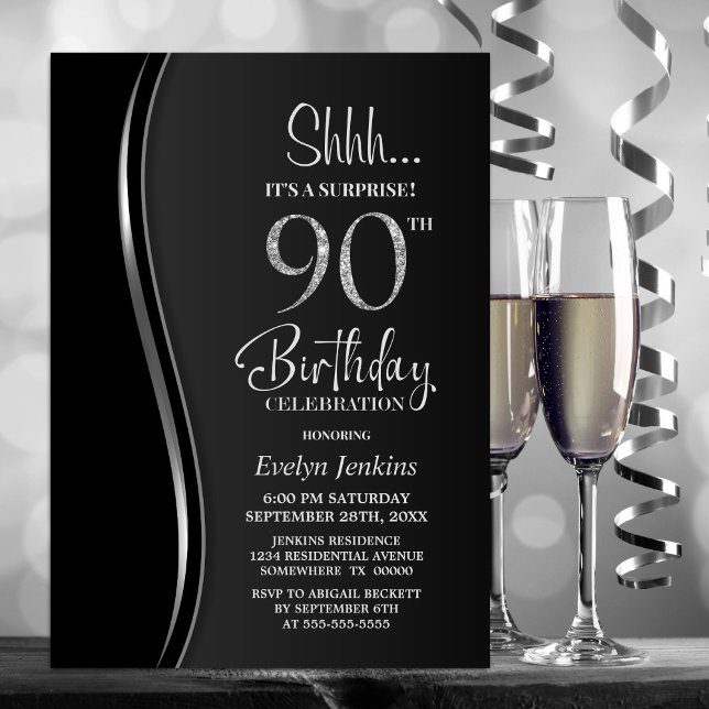 Invitación Black Silver Surprise 90º cumpleaños (Subido por el creador)