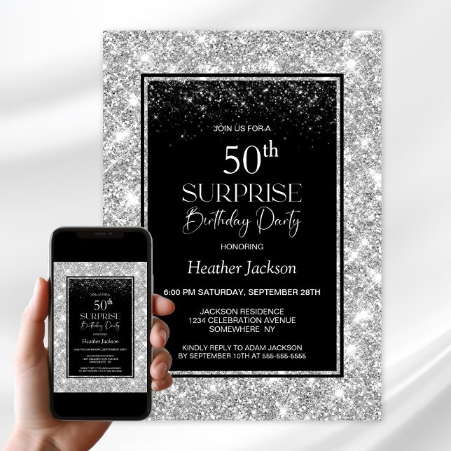 Invitación Black Silver Surprise Fiesta del 50 cumpleaños (Subido por el creador)