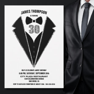 Invitación Black Silver Tuxedo 30th Birthday Party