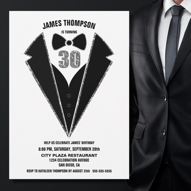 Invitación Black Silver Tuxedo 30th Birthday Party (Subido por el creador)