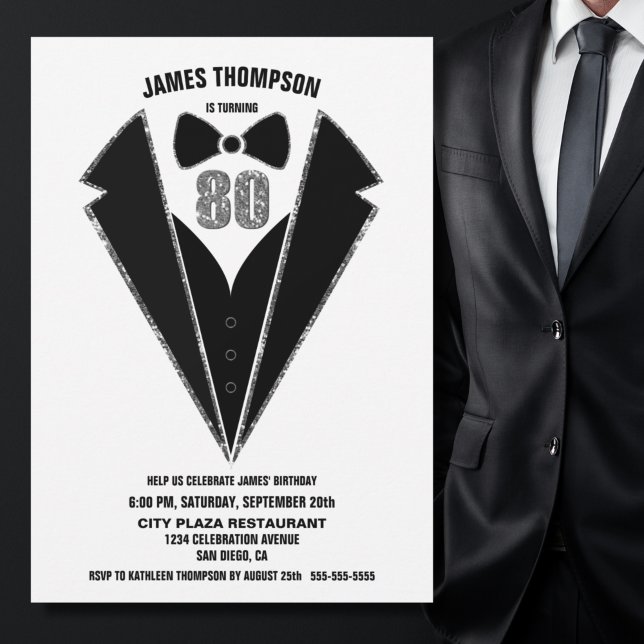 Invitación Black Silver Tuxedo 80º cumpleaños (Subido por el creador)