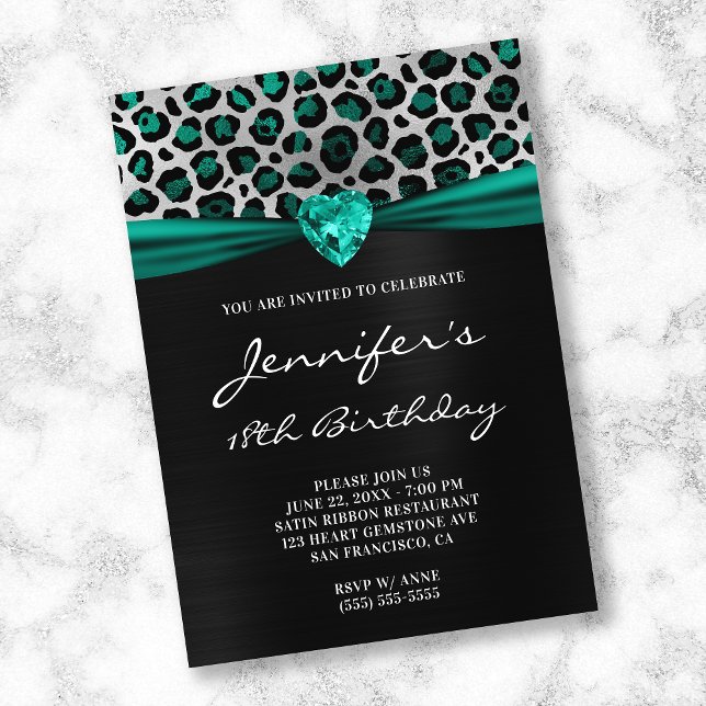 Invitación Black Silver Verde azulado Leopard Relieve metaliz (Subido por el creador)