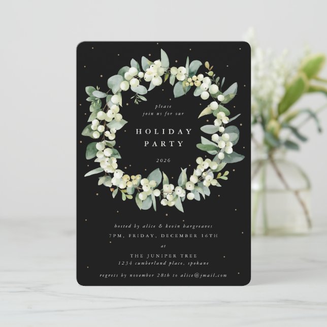 Invitación Black Snowberry+Eucalyptus Wreath Holiday Party (Anverso de pie)