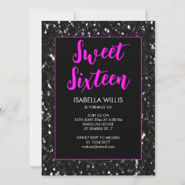 Invitación Black sparkles Sweet 16 guión elegante de neón ros