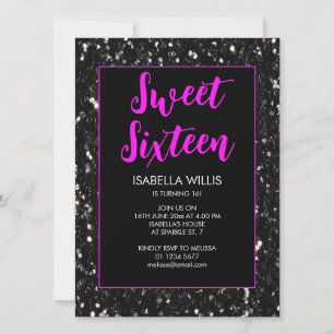 Invitación Black sparkles Sweet 16 guión elegante de neón ros