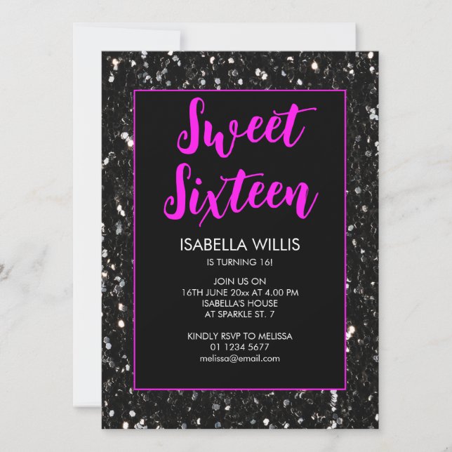 Invitación Black sparkles Sweet 16 guión elegante de neón ros (Anverso)