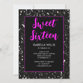 Invitación Black sparkles Sweet 16 guión elegante de neón ros