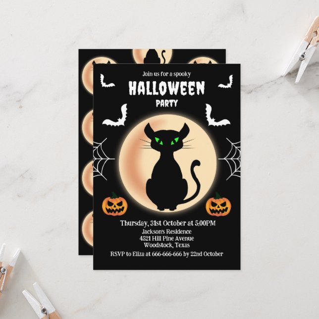 Invitación Black Spooky cat ojos verdes con luna Halloween (Anverso/Reverso In Situ)