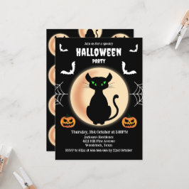 Invitación Black Spooky cat ojos verdes con luna Halloween