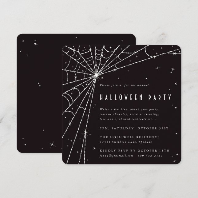 Invitación Black Square Diamond Spider Web Halloween Party (Anverso / Reverso)