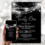 Invitación Black String Lights 21st Birthday Fiesta<br><div class="desc">Elevar la celebración del hito de su invitado de honor con esta invitación negra de la fiesta de cumpleaños 21. Moderno y con estilo, es el lugar perfecto para una noche inolvidable. La personalización de las invitaciones es una brisa, basta con rellenar los detalles esenciales utilizando las plantillas de texto...</div>