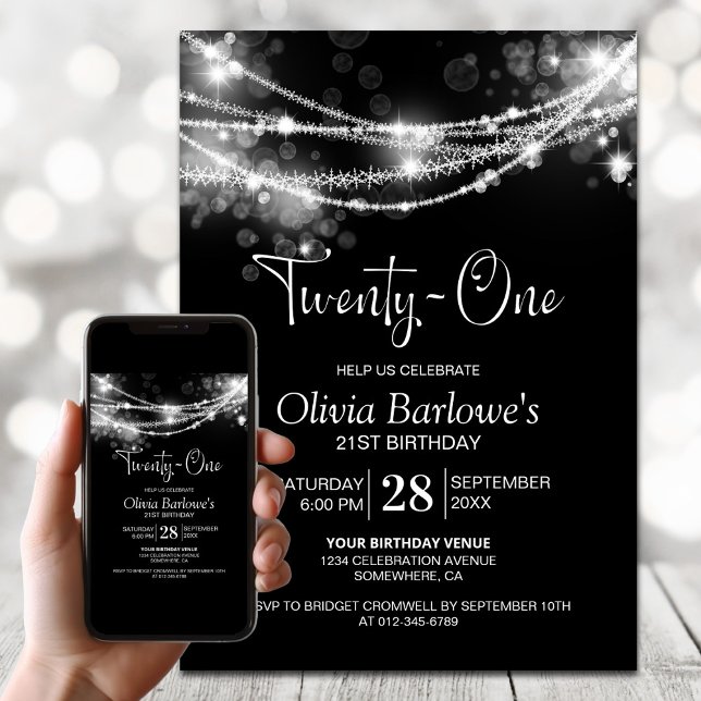 Invitación Black String Lights 21st Birthday Fiesta (Subido por el creador)