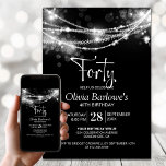 Invitación Black String Lights 40th Birthday Fiesta<br><div class="desc">Elevar la celebración del hito de su invitado de honor con esta invitación negra de la fiesta de cumpleaños 40. Moderno y con estilo, es el lugar perfecto para una noche inolvidable. La personalización de las invitaciones es una brisa, basta con rellenar los detalles esenciales utilizando las plantillas de texto...</div>