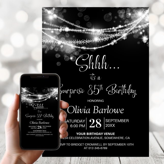Invitación Black String Lights Sorpresa 85th Birthday Party (Subido por el creador)
