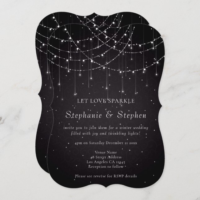 Invitación Black String Luces QR Código Boda festivo (Anverso / Reverso)