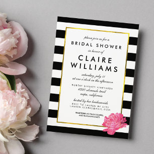 Invitación Black Stripe & Pink Peony Bridal Shower Invitation
