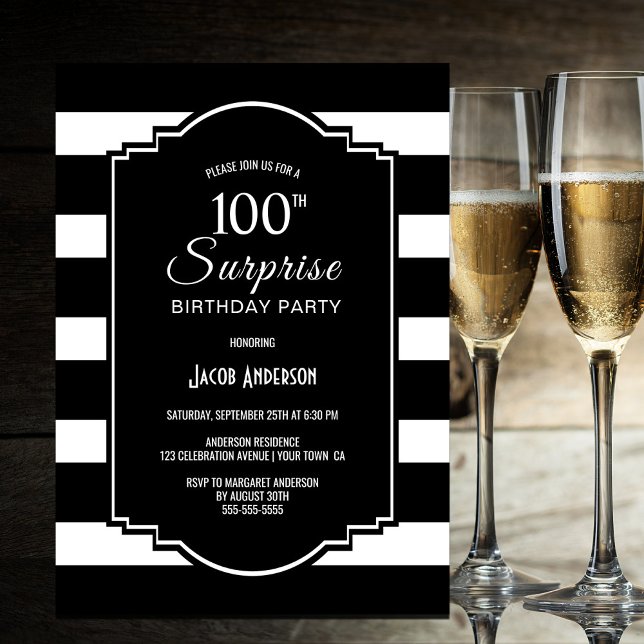 Invitación Black Striped Surprise 100th Birthday Party (Subido por el creador)