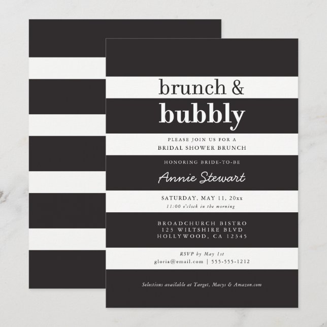 Invitación Black Stripes Brunch & Bubbly Bridal Shower (Anverso / Reverso)