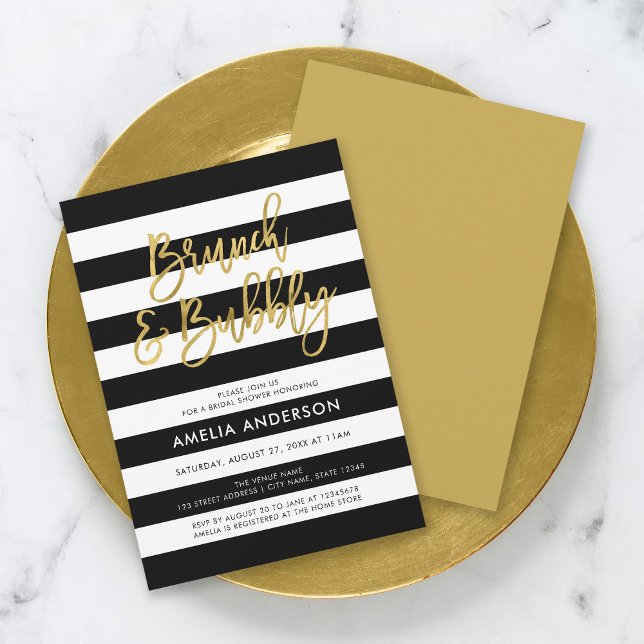 Invitación Black Stripes Gold Brunch & Bubbly Bridal Shower (Subido por el creador)
