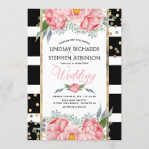 Black Stripes Gold Confetti Boda Floral Rosa