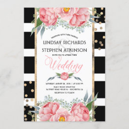 Invitación Black Stripes Gold Confetti Boda Floral Rosa