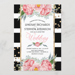Invitación Black Stripes Gold Confetti Boda Floral Rosa