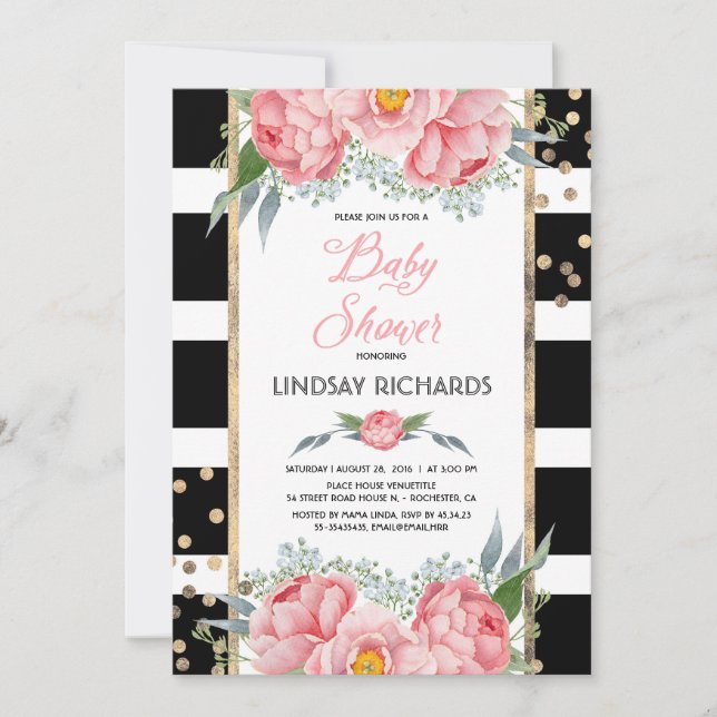 Invitación Black Stripes Gold y Pink Floral Baby Shower (Anverso)