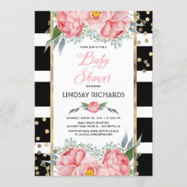 Invitación Black Stripes Gold y Pink Floral Baby Shower
