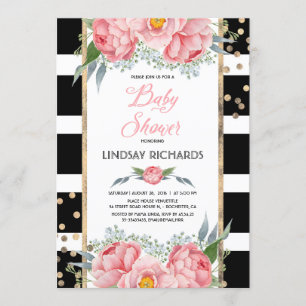 Invitación Black Stripes Gold y Pink Floral Baby Shower