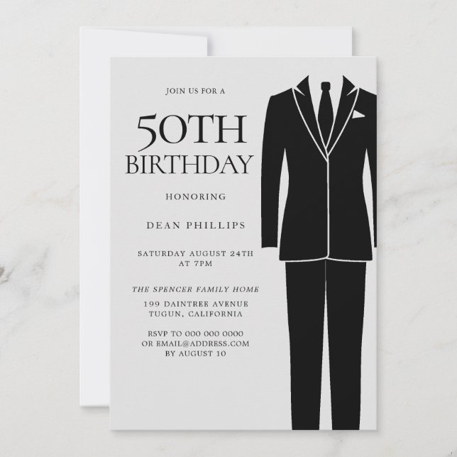 Invitación Black Suit & Tie Mens 50 cumpleaños (Anverso)