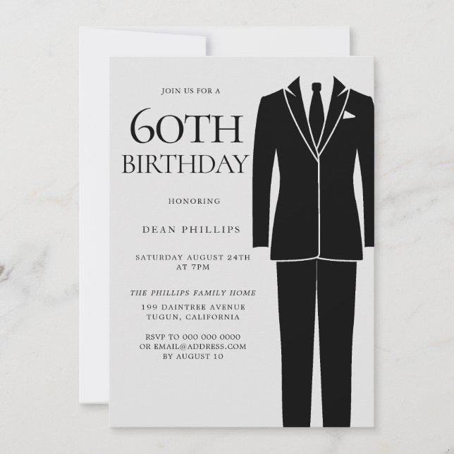 Invitación Black Suit & Tie Mens 60 cumpleaños (Anverso)