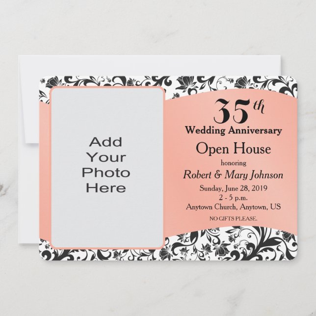 Invitación Black Swirl & Coral 35° Aniversario del Boda (Anverso)