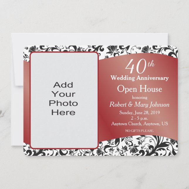 Invitación Black Swirl & Ruby 40° Aniversario Boda (Anverso)