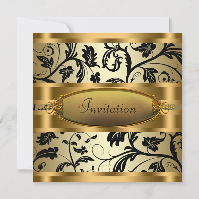 Invitación Black Swirl Vines Black Gold Fiesta (Anverso)