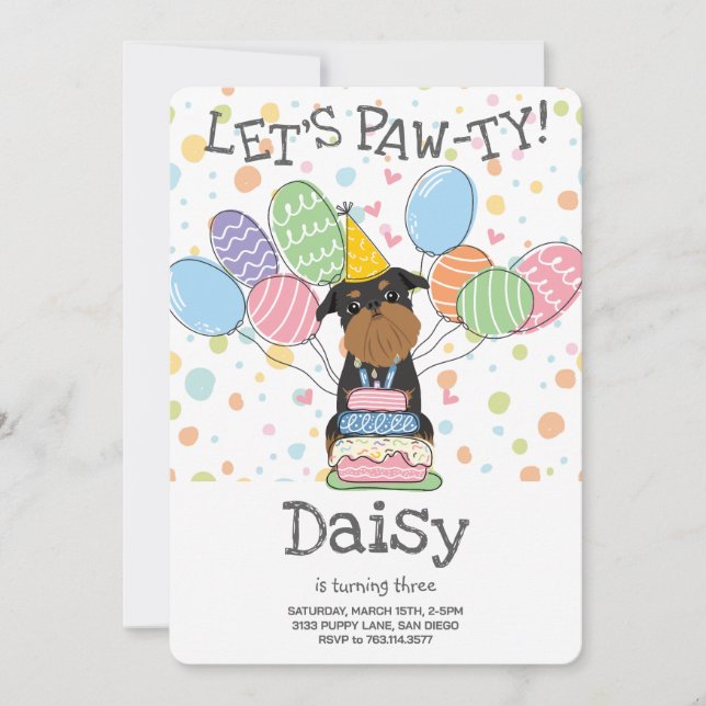 Invitación Black Tan Brussels Griffon Dog Birday Party (Anverso)