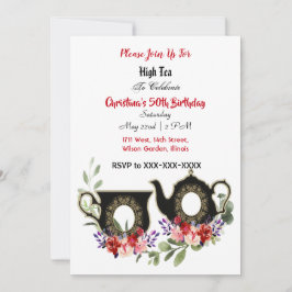Invitación Black Teapot Floral Tarde High Tea 50 Cumpleaños