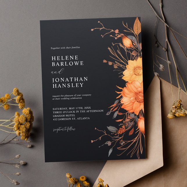 Invitación Black Terracotta Floral Moody Elegant Fall Wedding (Black Orange Elegant Fall Floral Wedding Invitation)