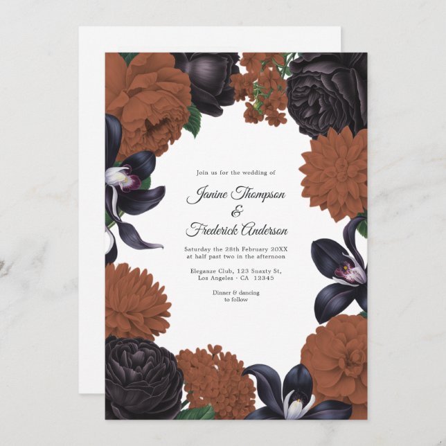 Invitación Black & Terracotta Photo/QR Code Floral Wedding (Anverso / Reverso)