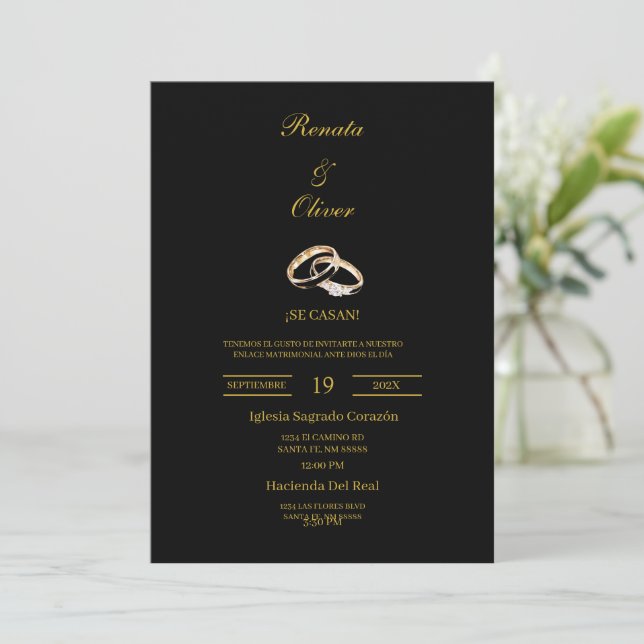 Invitación Black theme wedding ring Spanish Wedding (Anverso de pie)