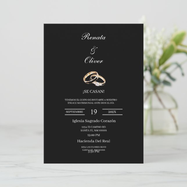 Invitación Black theme wedding ring Spanish Wedding (Anverso de pie)