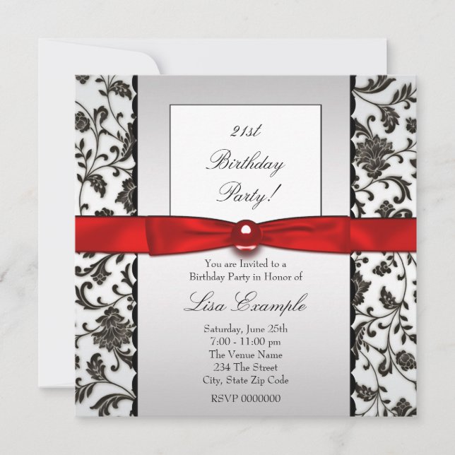 Invitación Black Tie Damask Mujeres fiesta de cumpleaños (Anverso)