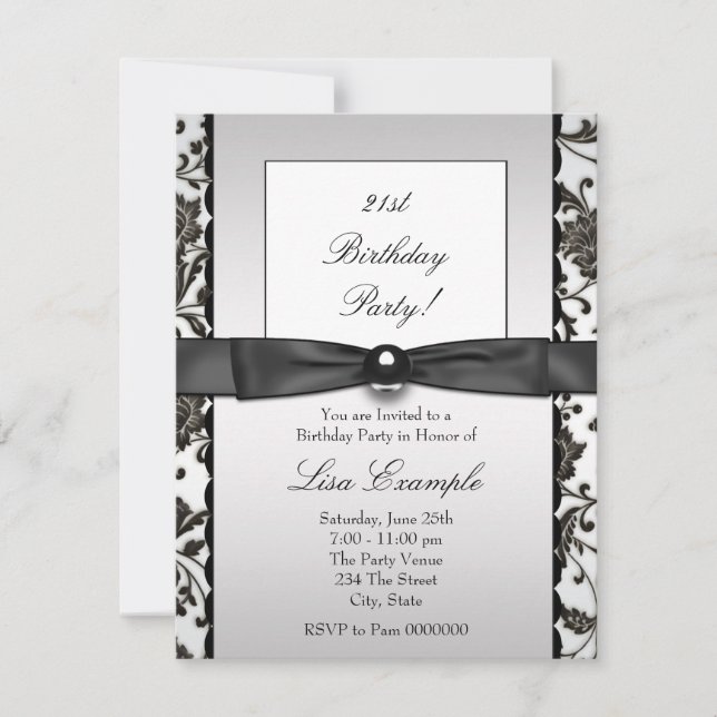 Invitación Black Tie Damask Mujeres fiesta de cumpleaños (Anverso)