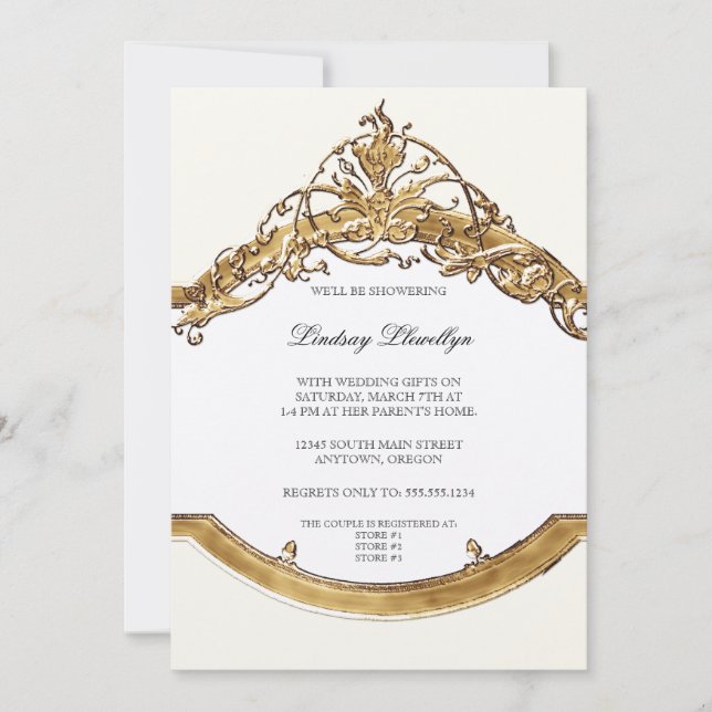 Invitación Black Tie Elegance 2, Golden Bridal Shower Invite (Anverso)