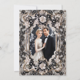 Invitación Black Tie Engagement Elegant Black White Photo