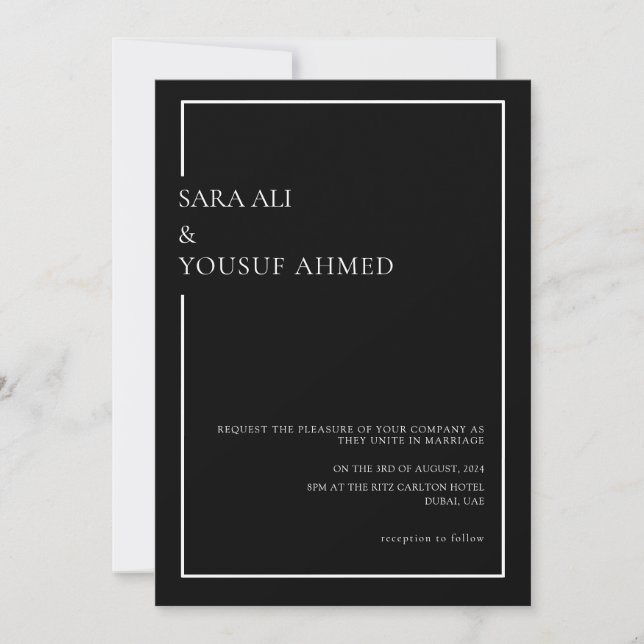Invitación Black Tie Modern Minimal Script Muslim Boda (Anverso)