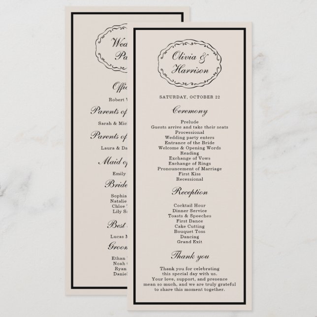 Invitación Black Tie Wedding Classic Program Card (Anverso / Reverso)