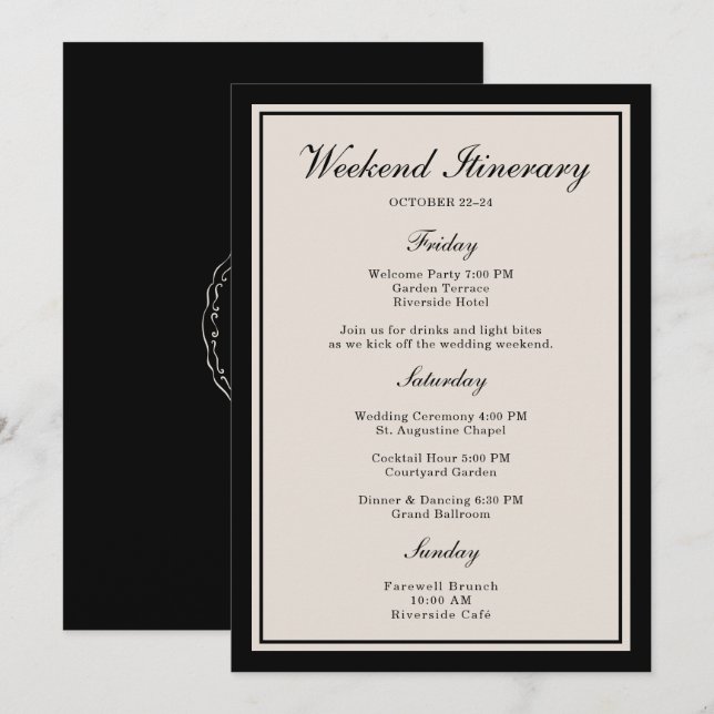 Invitación Black Tie Wedding Weekend Itinerary Card (Anverso / Reverso)
