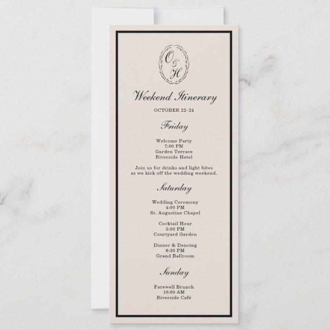 Invitación Black Tie Wedding Weekend Timeline Card (Anverso)