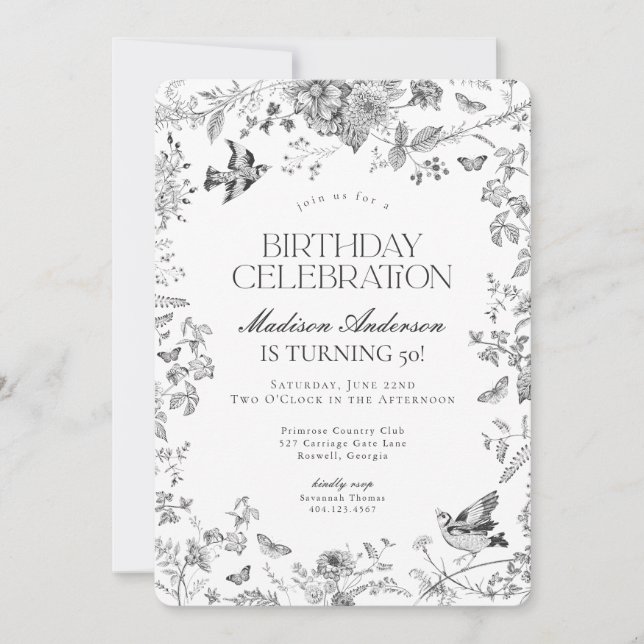 Invitación Black Toile De Jouy fiesta de cumpleaños floral fr (Anverso)